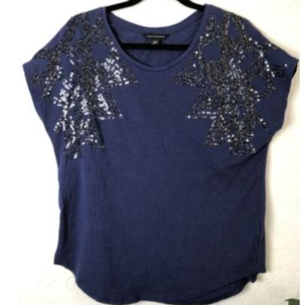 Navy Blue Capped Sleeve Top with Sequin Detail